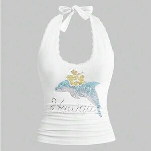 ROMWE White Halter Tank Top Rhinestone Hawaii Dolphin (Size M, BNWT)